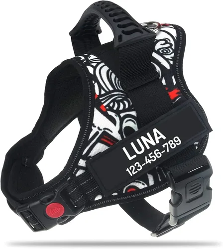 Vista 20 de Arnés de perro personalizado anti tirón con nombre y número de teléfono personalizados de PawPawify, arnés resistente para evitar tirones, Negro