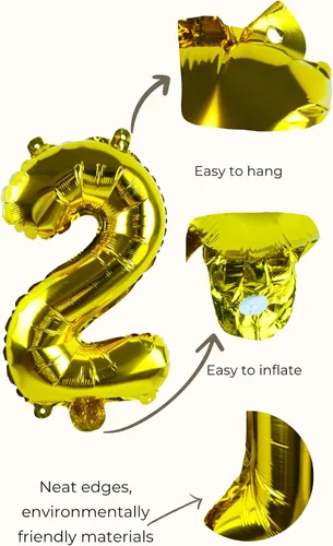 Vista 3 de Globos dorados del número "2" de 16 pulgadas, letra individual de lámina de Mylar personalizada, colgantes, reutilizables para niñas, niños
