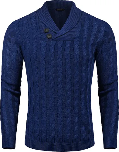 Vista 2 de COOFANDY Suéter de punto trenzado con cuello de chal para hombre, ajuste delgado, informal, con botones