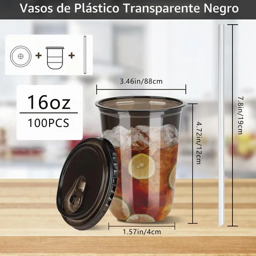 Vista 2 de 100 juegos de vasos de plástico desechables de 16 onzas sin tallo con tapas para sorber sin pajilla, tazas de café PET transparentes para café