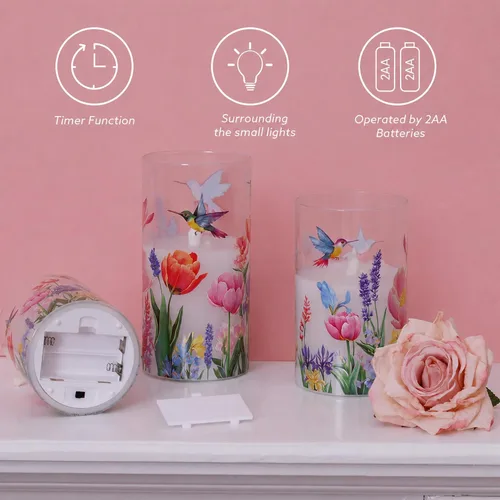 Vista 4 de JOIONE Hummingbird Flameless Glass Candles, 3 Pack Floral LED with Remote