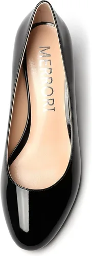 Vista 3 de MERRORI Zapatos de tacón bajo para mujer, con punta redonda, de charol sólido, de 2 pulgadas