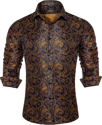 Vista 39 de DiBanGu Camisa de vestir de paisley de seda para hombre, formal, de manga larga, con cuello abotonado, camisas informales para fiesta de boda Negro