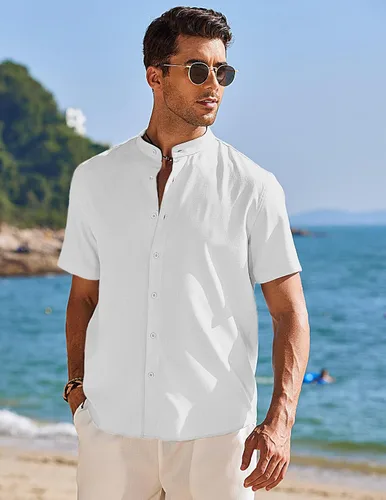 Vista 3 de COOFANDY Men's Short Sleeve Linen Shirt Band Collar Button Down Shirts Summer Beach Shirt