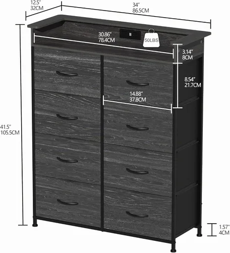 Vista 2 de Cómoda de tela para dormitorio con luz LED y estación de carga, cómoda alta con 8 cajones, cómoda negra y cómoda para armario, sala de estar
