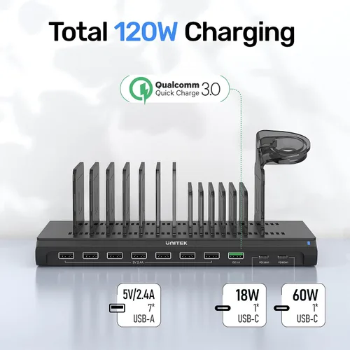 Vista 2 de Unitek Estación de carga de 120 W y 10 puertos con QC 3.0 y PD 60W/18W