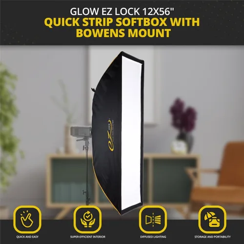 Vista 8 de Glow EZ Lock 12x56 Quick Strip Rectangular Bowens Mount Softbox w/Externo, Difusores Internos