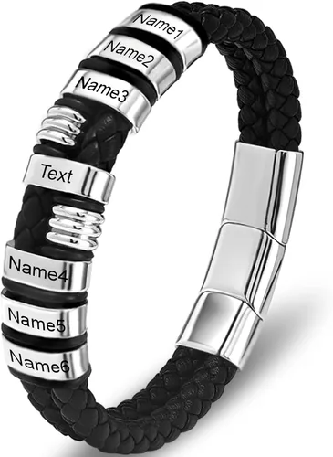 Vista 31 de Pulsera personalizada para hombre con cuentas de nombre personalizadas, pulsera de cuero trenzado personalizada grabada con 2-6 nombres
