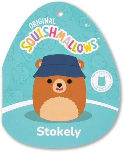 Vista 5 de Squishmallows Stokely el oso Kodiak marrón original de 12 pulgadas con vientre mullido y sombrero de pescador, peluche oficial de Jazwares