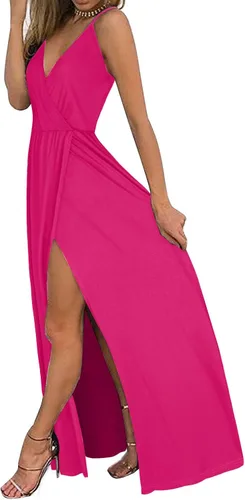 Vista 2 de II ININ - Vestido informal para mujer, veraniego, con cuello en V profundo, estampado floral o unicolor, vestido largo con abertura, para fiesta