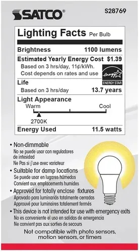 Vista 5 de Satco 28769-11.5A19/LED/27K/ND/120V/4PK S28769 A19 A Line Pera4 Bombilla LED