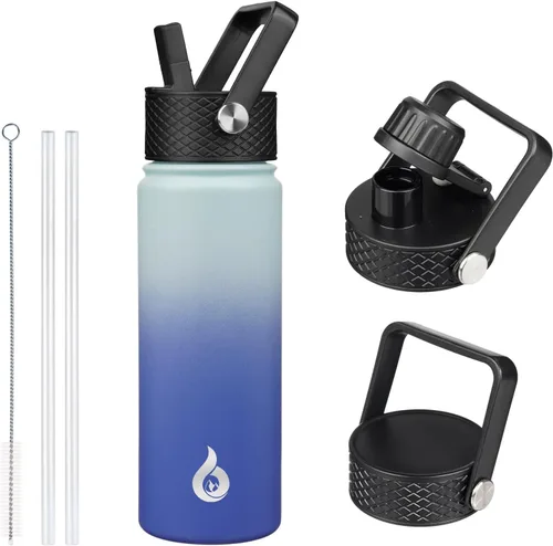 Vista 25 de BJPKPK Botellas de Agua Aisladas con Tapa de Pajita, Botella de Agua de Acero Inoxidable de 18oz, Termo Frío Caliente con 3 Tapas, Vaso de Viaje a