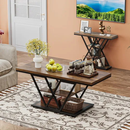 Vista 6 de Espelism Mesa de centro industrial con almacenamiento de 3 niveles para sala de estar, mesa rectangular de madera para cóctel, mesa de té rústica