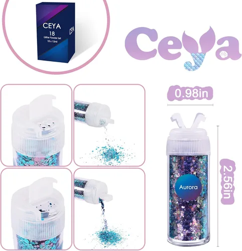 Vista 4 de Ceya - Juego de purpurina camaleón gruesa de 18 colores, 6.3 oz/180 g, polvo de purpurina artesanal con cambio de color, cada 15 ml, copos