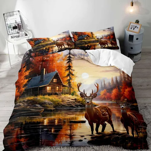 Vista 11 de LUVIVIHOME Juego de funda de edredón de 2 piezas, diseño de oso y alce, ciervo, ciervo, ropa de cama de cabaña, ropa de cama rústica de granja