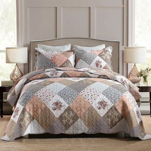 Vista 26 de Juego de cama de dos piezas, tamaño individual, de microfibra, reversible, de retazos, estilo floral, todas las estaciones, patrón de porcelana azul
