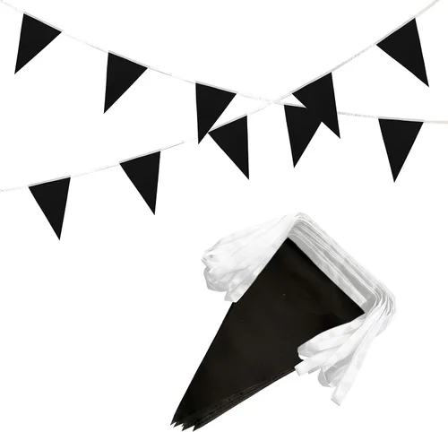 Vista 5 de Banderín negro sólido de 100 pies, banderas triangulares, decoraciones para gran apertura, fiesta de cumpleaños, celebración de festivales