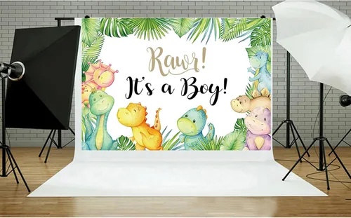 Vista 4 de Cartel de fondo de baby shower de dinosaurio pequeño de 7 x 5 pies con texto en inglés "It's A Boy" ("It's A Boy"), telón de fondo para baby shower