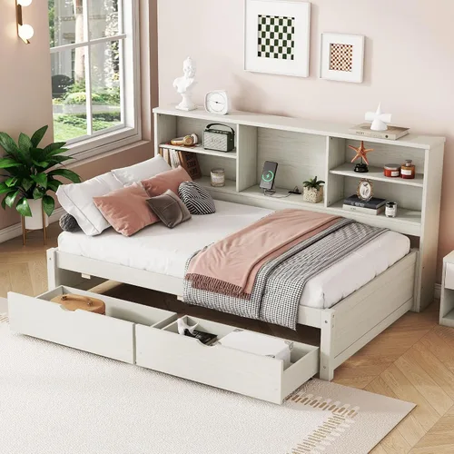 Vista 17 de Harper & Bright Designs Sofá cama de tamaño individual con estantes de almacenamiento, cajones y nido, marco de cama de esquina doble de madera
