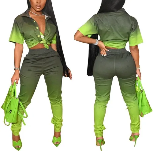 Vista 4 de DinyIn Women's Casual Sexy 2 Pieces Outfits Lantern Sleeve Button Up Shirt Blouses Top Long Pants Clubwear Party Set