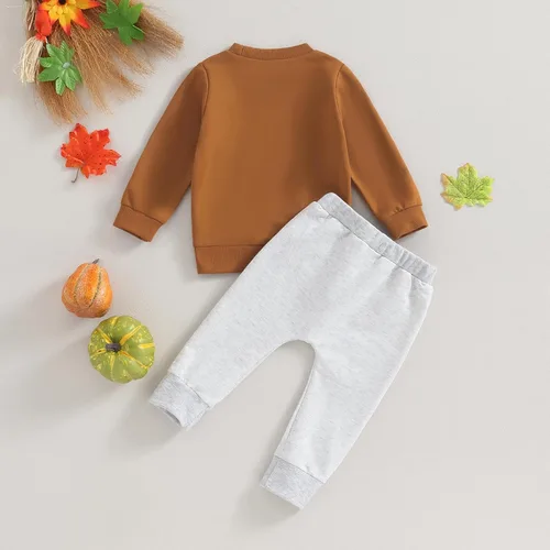 Vista 4 de Trajes de Halloween para bebés y niños, camisas de manga larga, sudadera de calabaza y pantalones deportivos, conjunto de ropa para niños pequeños