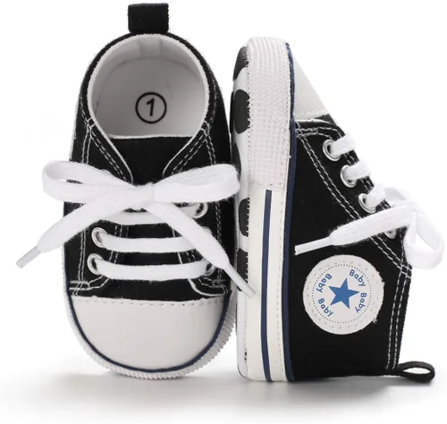Vista 5 de KIDSUN - Zapatos deportivos unisex de caña alta para bebés mezclilla de lona suela antideslizante suaves para los primeros pasos A01-negro 3-6