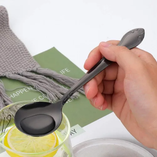 Vista 3 de Cucharas de sopa, cucharas redondas de acero inoxidable para caldo con borde de flor, juego de 12 piezas de acero inoxidable para café, azúcar
