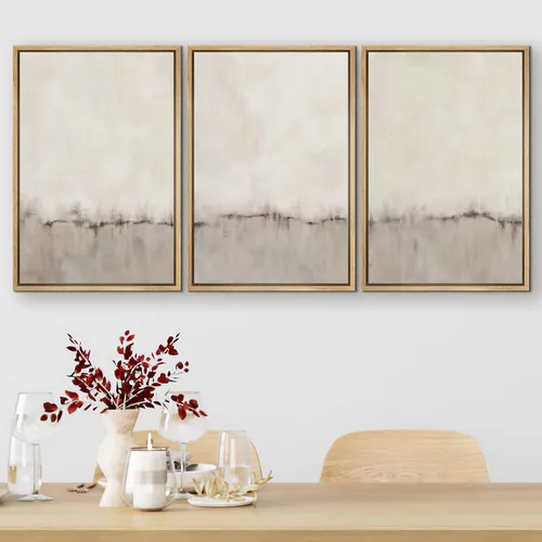 Vista 383 de SIGNFORD - Set de obras de arte en lienzo enmarcado para pared, ilustraciones abstractas de neblina del desierto en tonos neutros beige y marrón