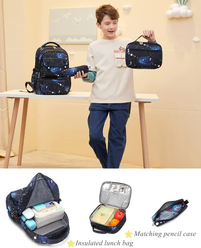 Vista 3 de Mochila escolar con estampado de galaxia para niños, mochila de escuela media primaria