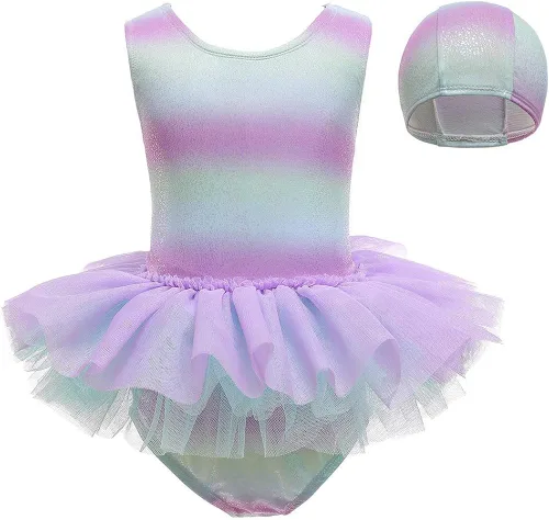 Vista 2 de HIHCBF Traje de baño de una pieza para niñas con volantes Tutú con gorra de sirena y escala, ropa de playa