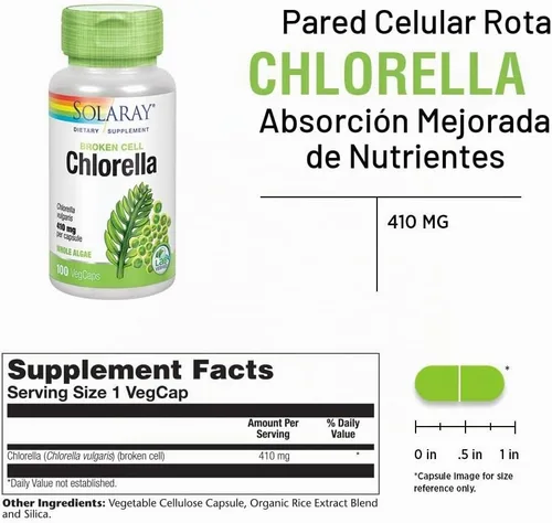 Vista 2 de SOLARAY Broken Cell Chlorella 410 mg Superalimento rico en nutrientes con proteínas de origen natural, vitaminas, minerales, clorofila Sin OMG