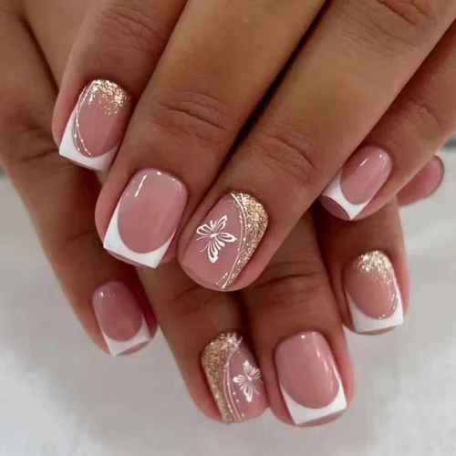 Vista 20 de Uñas Postizas Cuadradas Cortas con Diseños de Lazo 3D, Uñas Postizas de Leopardo con Punta Francesa, Uñas Adhesivas Brillantes, Uñas Acrílicas Nude