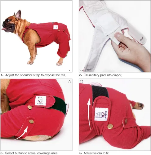 Vista 5 de iChoue Lindos pañales para perro con tirantes para bulldog francés, pug francés, bulldog inglés, hembra, en ciclo de calor, azul, pequeño con 1 pañal