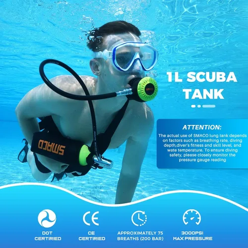 Vista 2 de SMACO Mini tanque de buceo 1L tanque de buceo portátil reutilizable buceo kit de cilindro de oxígeno para snorkel y rescate de emergencia S400