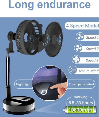 Vista 4 de UN UNITEDTIME Ventilador plegable oscilante plegable con control remoto, ventiladores a batería de 10800 mAh, portátil para exteriores, patio