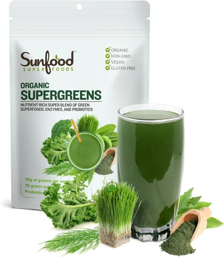 Vista 6 de Sunfood Superfoods Organic Supergreens & Protein Powder – Superfood Greens Blend Powder, Super Greens con clorella y espirulina, 0.81 oz de proteína