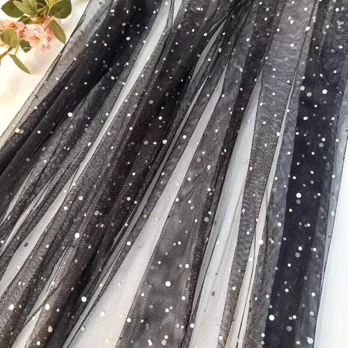 Vista 5 de HAVII Tela de tul negro con purpurina de 59 pulgadas x 2 yardas, tul con lentejuelas láser para faldas tutú, costura, manualidades, accesorios