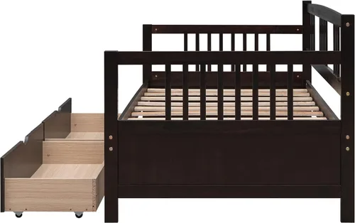 Vista 4 de Polibi Sofá cama de tamaño individual con dos cajones, marco de sofá cama de madera con rieles para sala de estar, dormitorio, color espresso