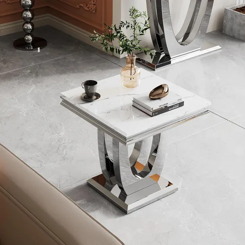 Vista 5 de Mesa auxiliar cuadrada moderna de mármol sintético plateado con parte superior de mármol sintético de 0.71 pulgadas de grosor, base de acero