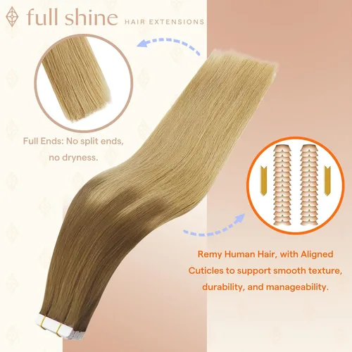 Vista 60 de Full Shine - Extensiones de cabello humano con cinta, mezcla de rubio hongo # 8 castaño ceniza resaltado 60 rubio ceniza
