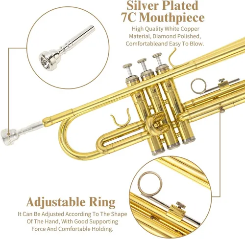 Vista 4 de Instrumento de trompeta, instrumentos musicales de banda y orquesta para principiantes, con estuche para trompeta, boquilla, paño y guantes (dorado)