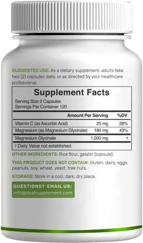 Vista 6 de Glicinato de magnesio 500 mg por cápsula (1000 mg por porción) más vitamina C, 240 cápsulas – 100% quelado para una fácil absorción – Suplemento