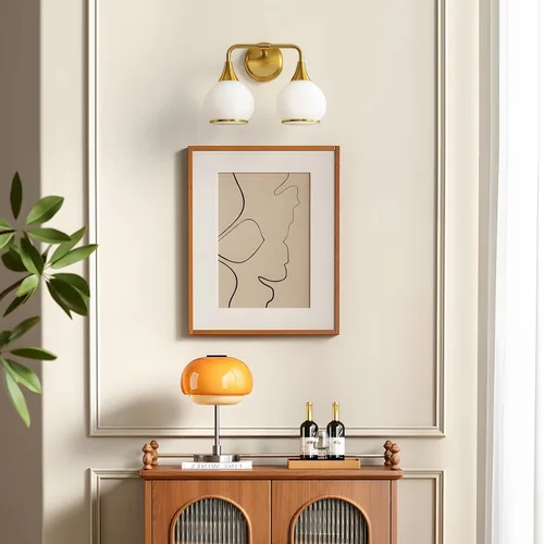 Vista 7 de Accesorios de iluminación de baño en oro cepillado, luces de tocador de 2 luces con pantalla de vidrio esmerilado blanco lechoso, lámpara de tocador