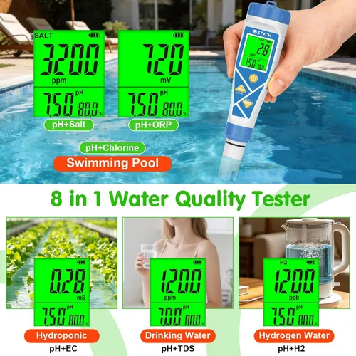 Vista 4 de Piscina pH sal y cloro probador 8 en 1 pH digital Salinidad TDS EC cloro ORP H2 para piscina de agua salada, bañera de hidromasaje, hidropónico