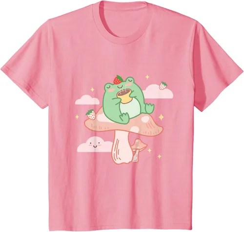 Vista 53 de Kawaii Strawberry Frog On Mushroom - Camiseta de manga corta de anime, Azul / Patchwork, S Azul Pastel