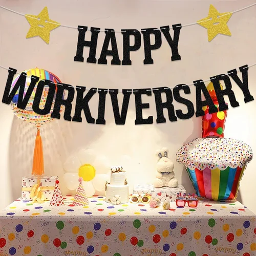Vista 3 de Cartel con texto en inglés «Happy Workiversary», decoración de fiesta de aniversario de trabajo, oficina, aniversario, fiesta, suministros de Negro