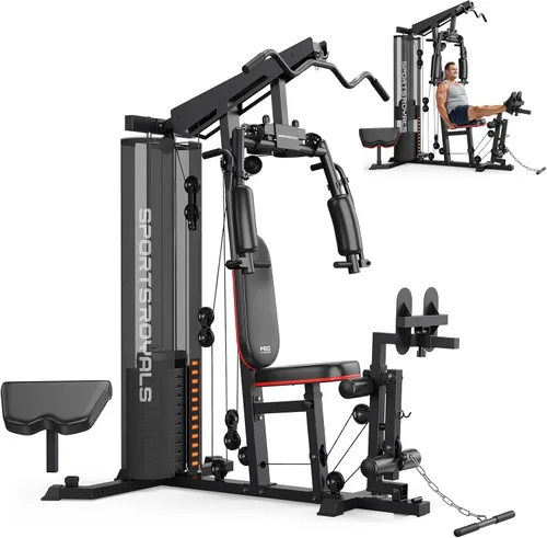 Vista 9 de Sportsroyals Gimnasio en Casa, Equipo de Gimnasio Multifuncional, Equipo de Entrenamiento con Pila de Peso de 150LBS, para Prensa de Piernas