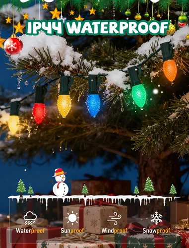 Vista 4 de Tira de luces LED de Navidad para exteriores, de 50 pies, cadena de luces C7 con 27 bombillas multicolor de cerámica de 0.6 W, luces de Navidad