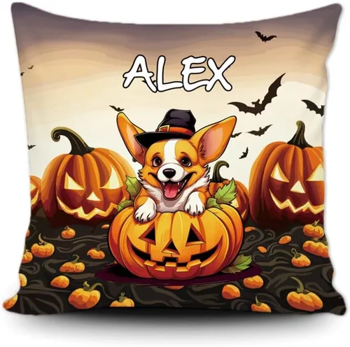 Vista 11 de Funda de almohada personalizada de Halloween, diseño de calabaza, lindo cachorro, funda decorativa de lona para sofá, 16 x 16 pulgadas, estampado