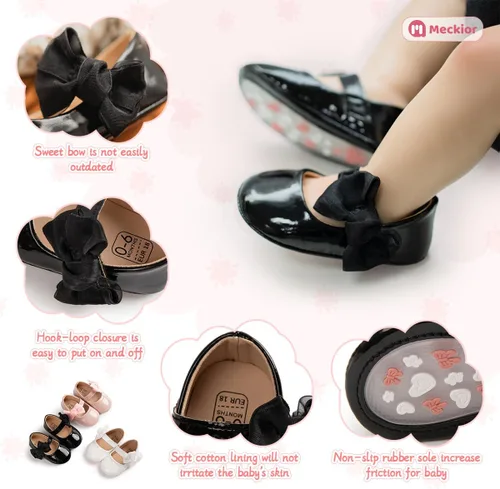 Vista 5 de Meckior Zapatos deportivos para bebé y niñas, suela suave, con lazo, princesa, vestido de boda, Mary Jane, planos, para recién nacidos, ligeros
